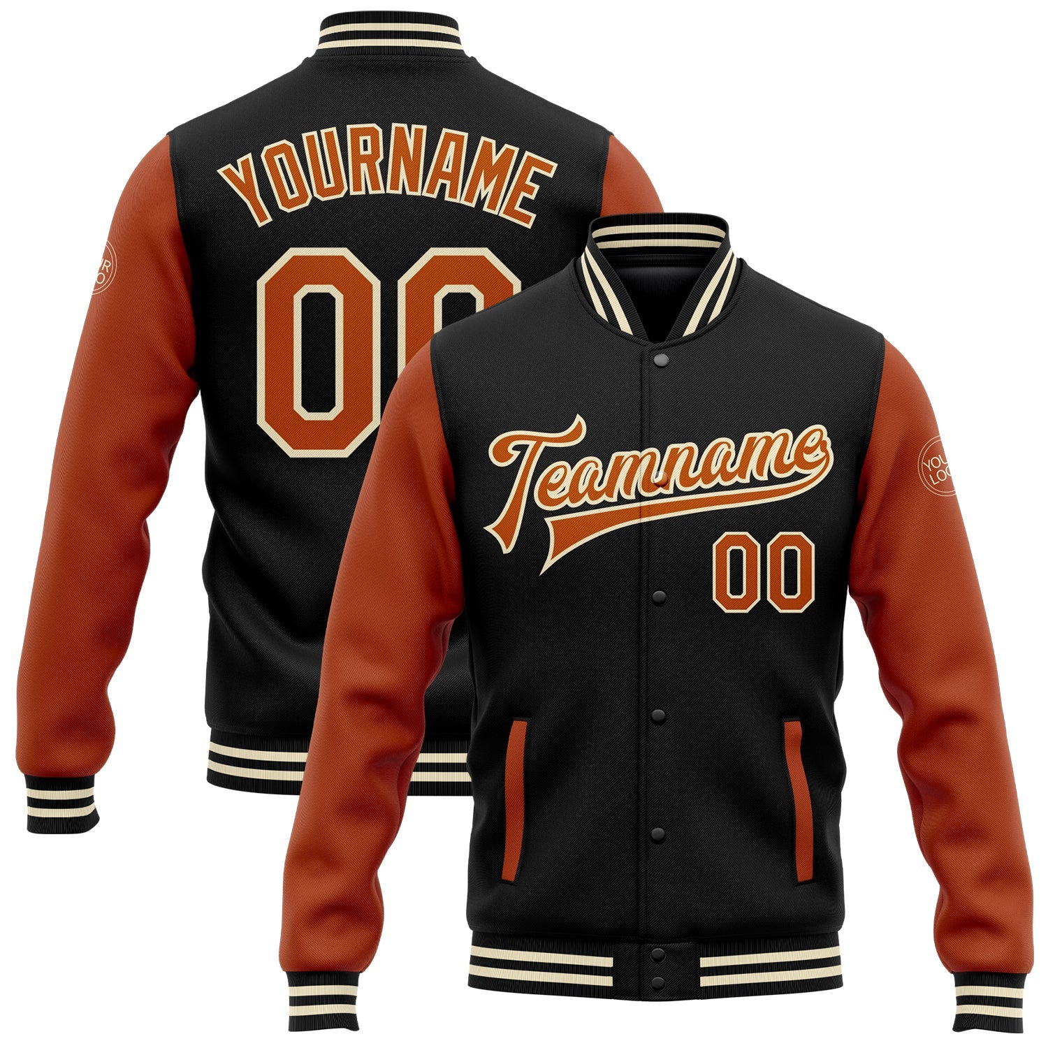 Custom Black Texas Orange-Cream Bomber Full-Snap Varsity Letterman Two Tone Jacket - Main View