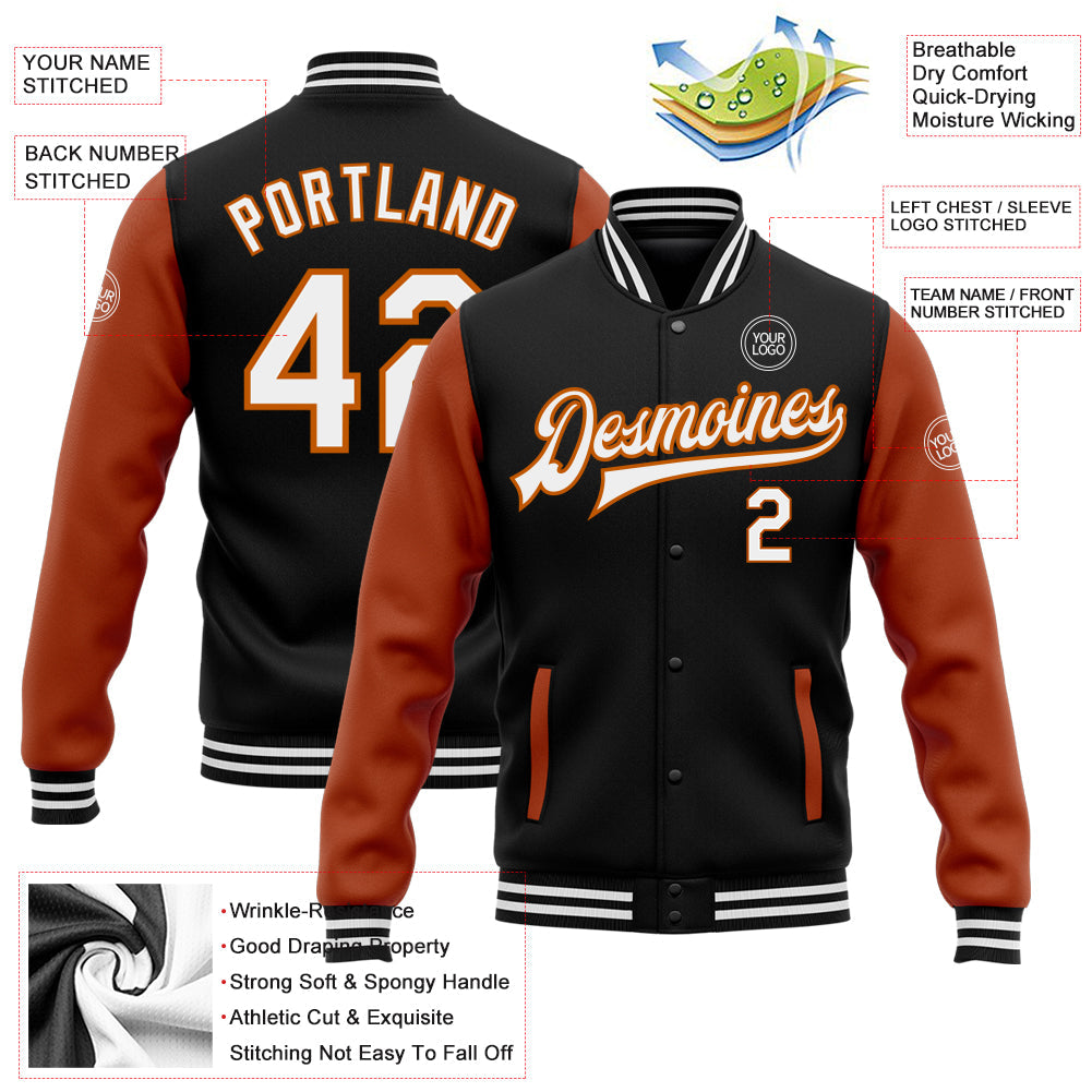 Custom Black White-Texas Orange Bomber Full-Snap Varsity Letterman Two Tone Jacket view 5