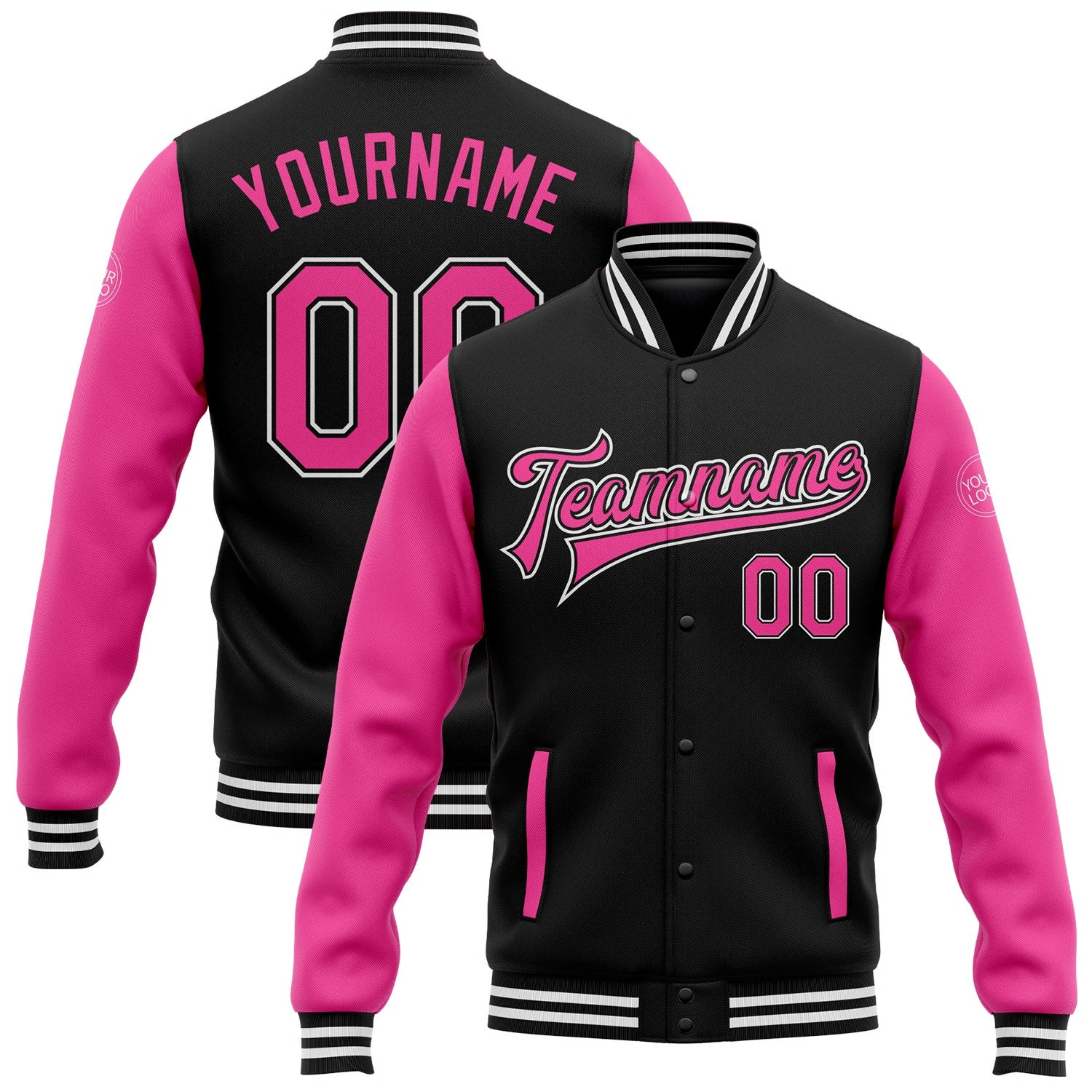 Custom Black Pink-White Bomber Full-Snap Varsity Letterman Two Tone Jacket - Main View