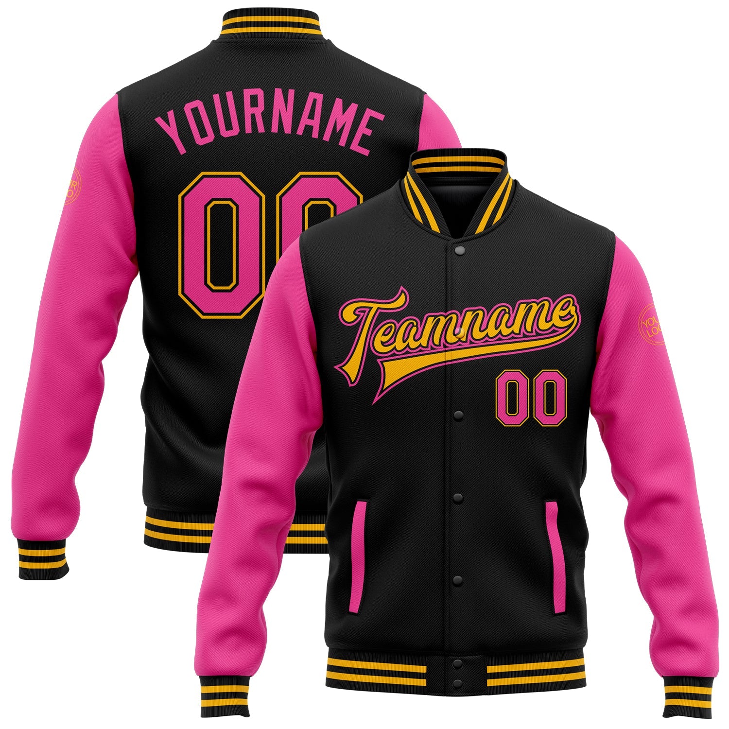 Custom Black Pink-Gold Bomber Full-Snap Varsity Letterman Two Tone Jacket - Main View