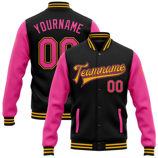 Custom Black Pink-Gold Bomber Full-Snap Varsity Letterman Two Tone Jacket - Main View