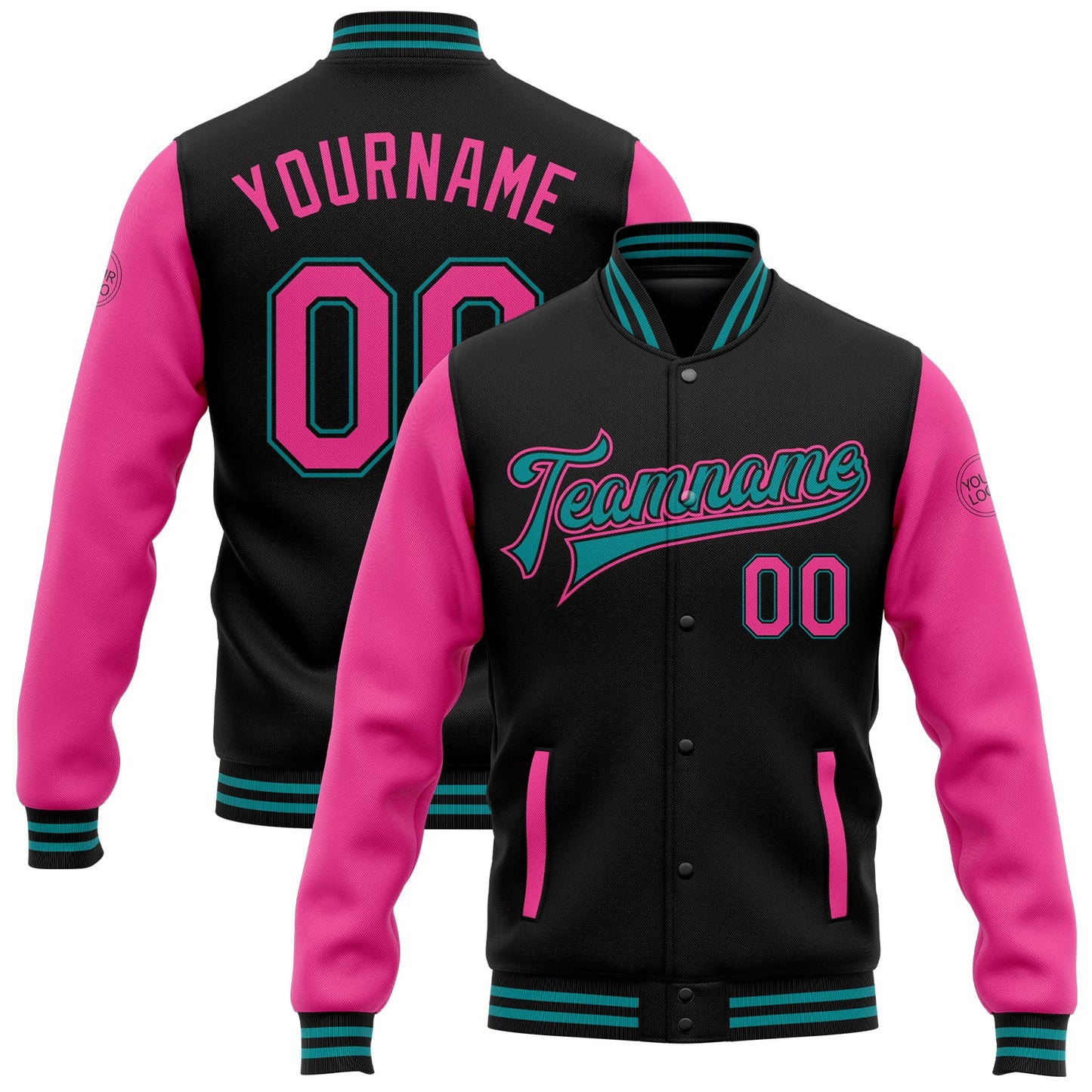 Custom Black Pink-Teal Bomber Full-Snap Varsity Letterman Two Tone Jacket - Main View