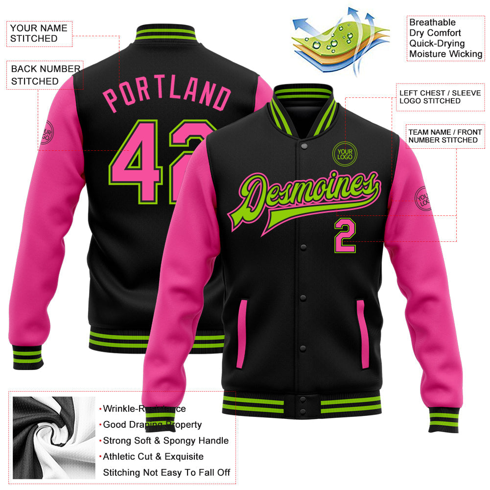 Custom Black Pink-Neon Green Bomber Full-Snap Varsity Letterman Two Tone Jacket view 5