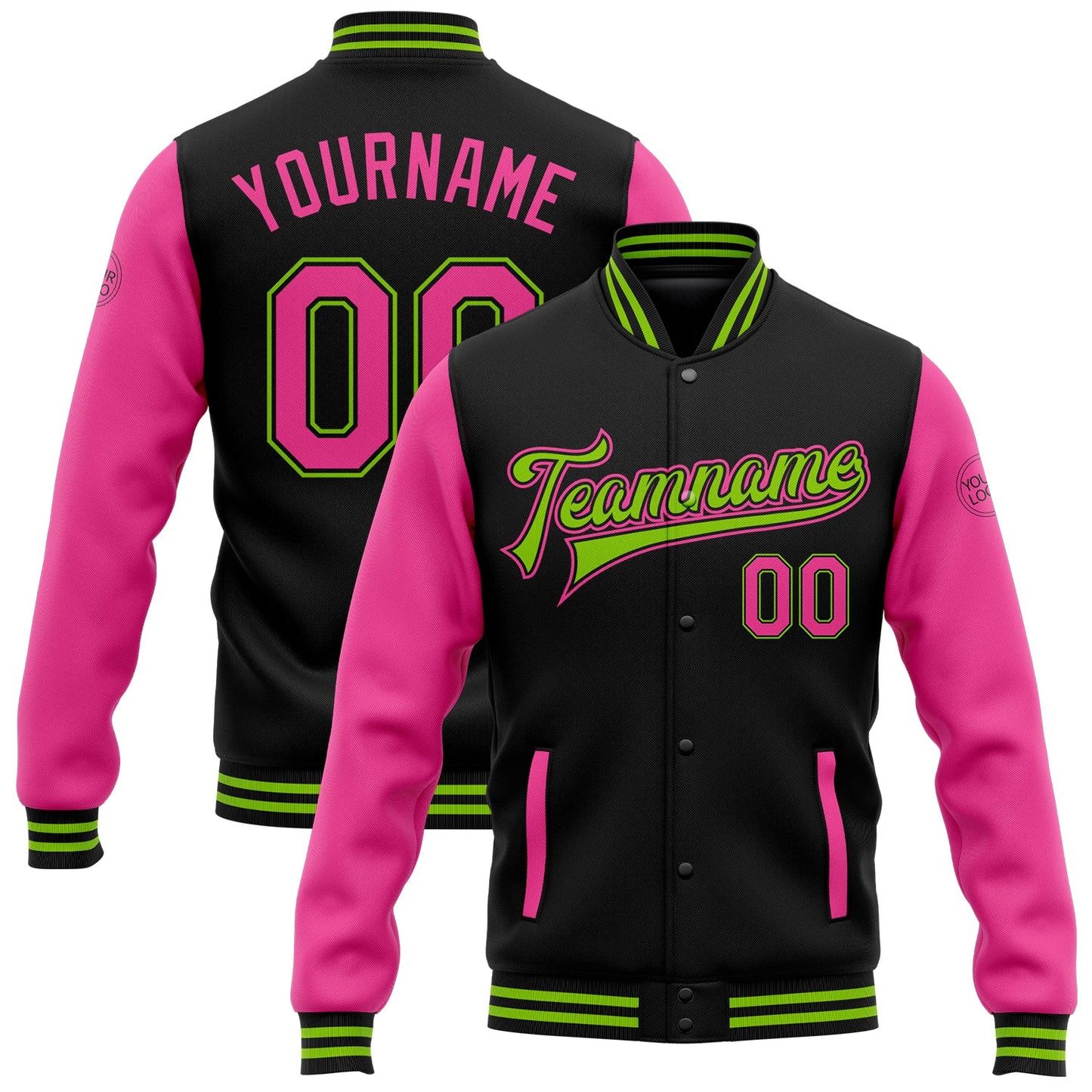 Custom Black Pink-Neon Green Bomber Full-Snap Varsity Letterman Two Tone Jacket - Main View