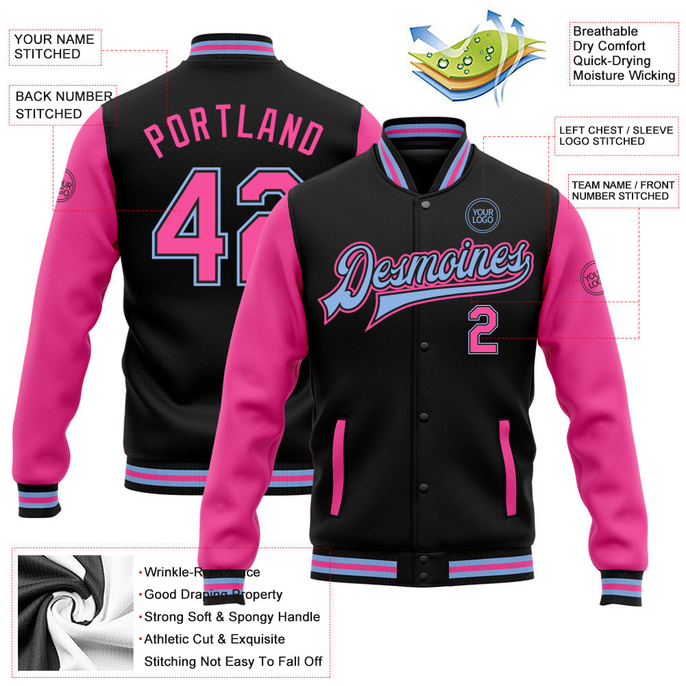 Custom Black Pink-Light Blue Bomber Full-Snap Varsity Letterman Two Tone Jacket view 5