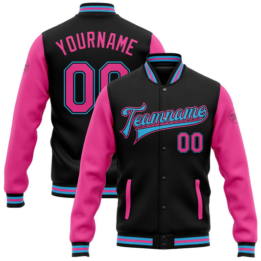 Custom Black Pink-Sky Blue Bomber Full-Snap Varsity Letterman Two Tone Jacket - Main View