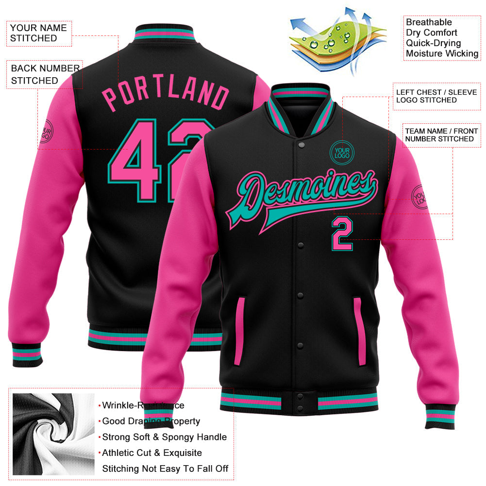 Custom Black Pink-Aqua Bomber Full-Snap Varsity Letterman Two Tone Jacket view 5