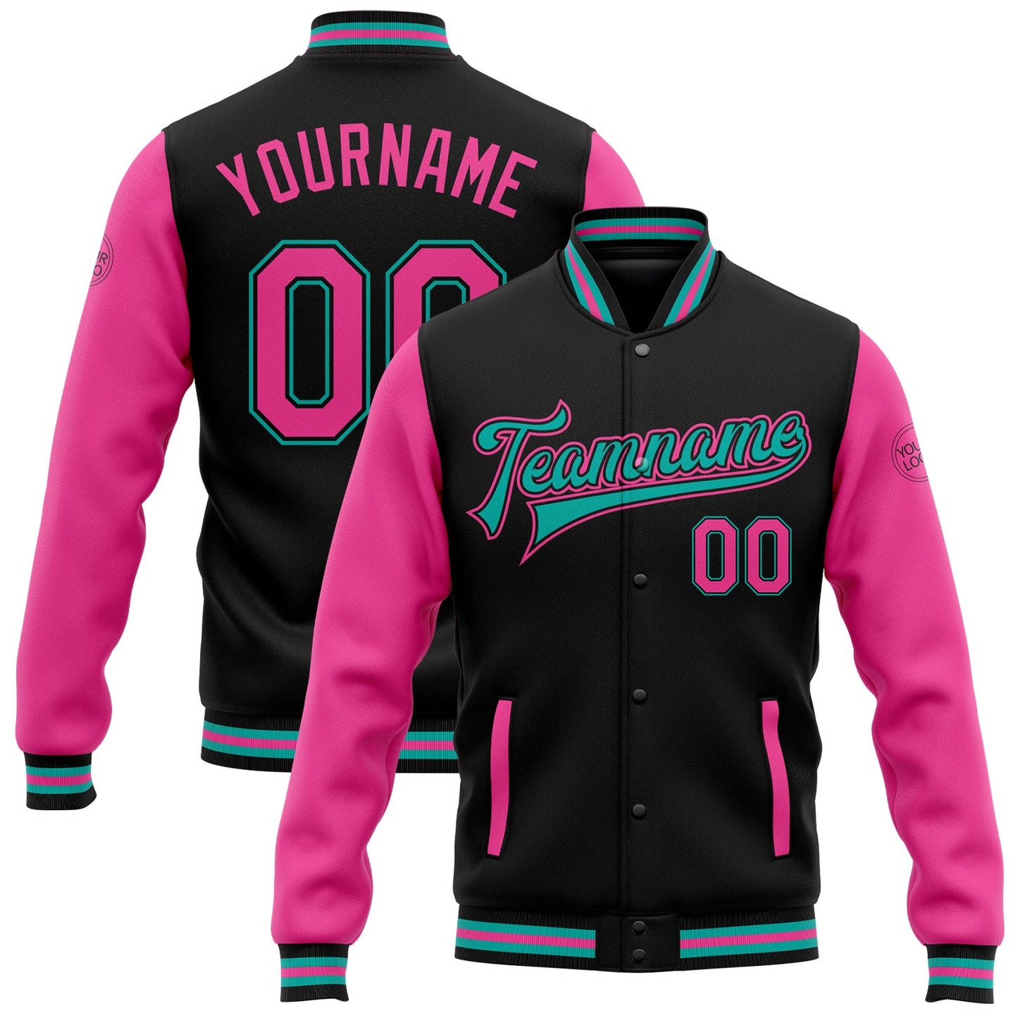 Custom Black Pink-Aqua Bomber Full-Snap Varsity Letterman Two Tone Jacket - Main View