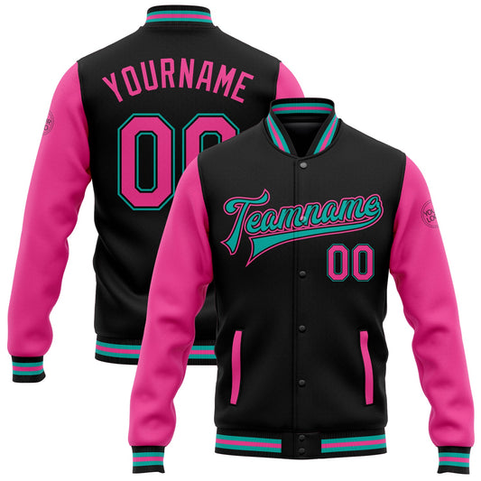 Custom Black Pink-Aqua Bomber Full-Snap Varsity Letterman Two Tone Jacket - Main View