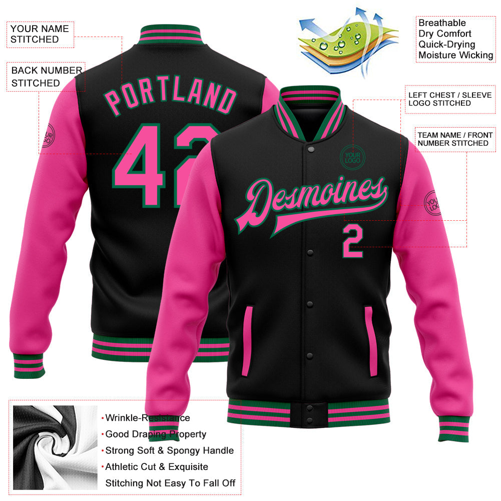 Custom Black Pink-Kelly Green Bomber Full-Snap Varsity Letterman Two Tone Jacket view 5