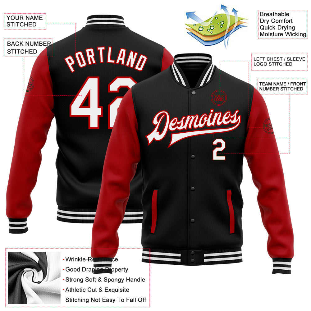 Custom Black White-Red Bomber Full-Snap Varsity Letterman Two Tone Jacket view 5