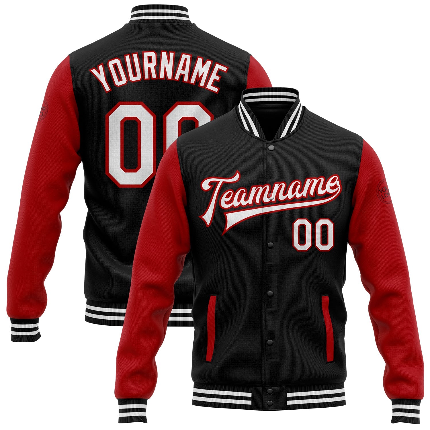 Custom Black White-Red Bomber Full-Snap Varsity Letterman Two Tone Jacket - Main View
