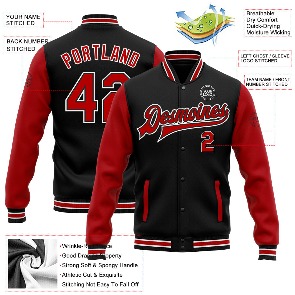 Custom Black Red-White Bomber Full-Snap Varsity Letterman Two Tone Jacket view 5