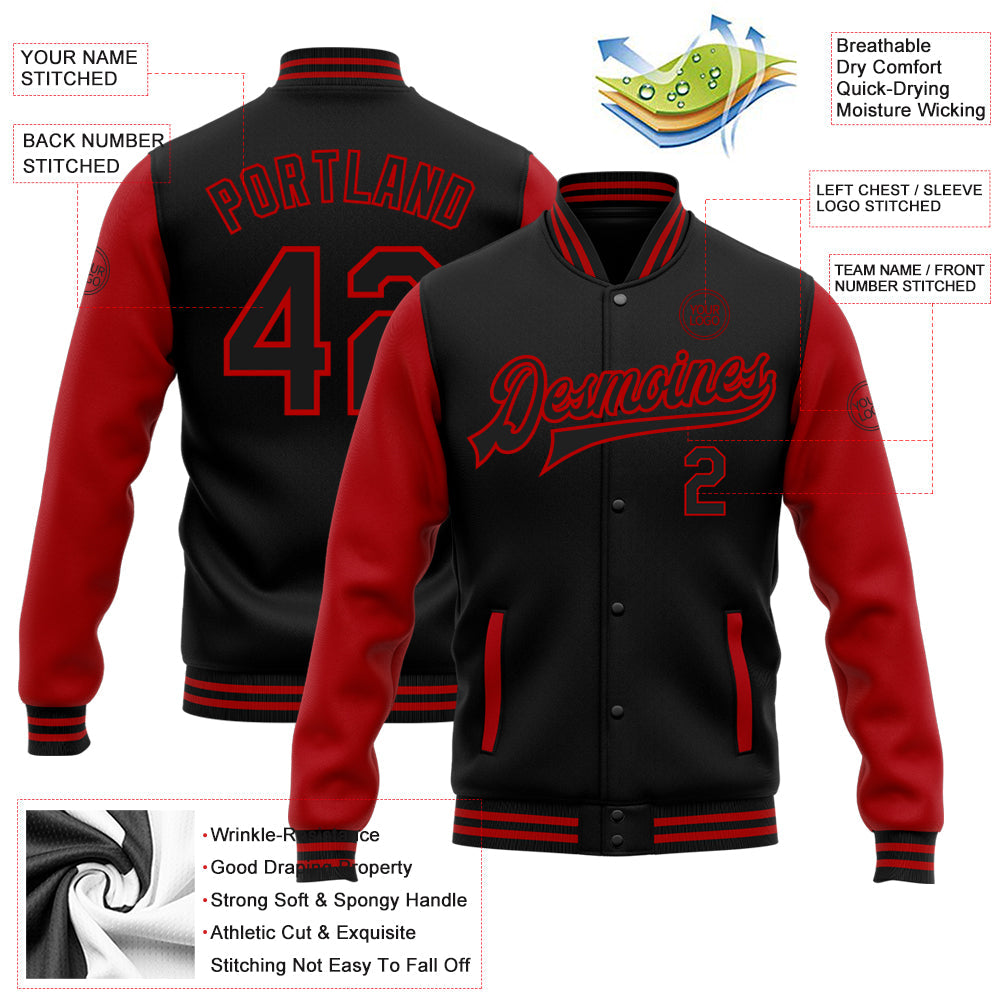Custom Black Red Bomber Full-Snap Varsity Letterman Two Tone Jacket view 5