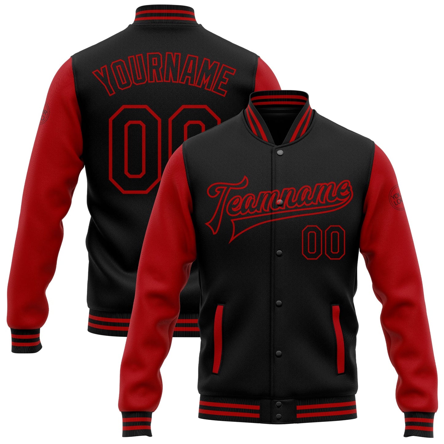 Custom Black Red Bomber Full-Snap Varsity Letterman Two Tone Jacket - Main View