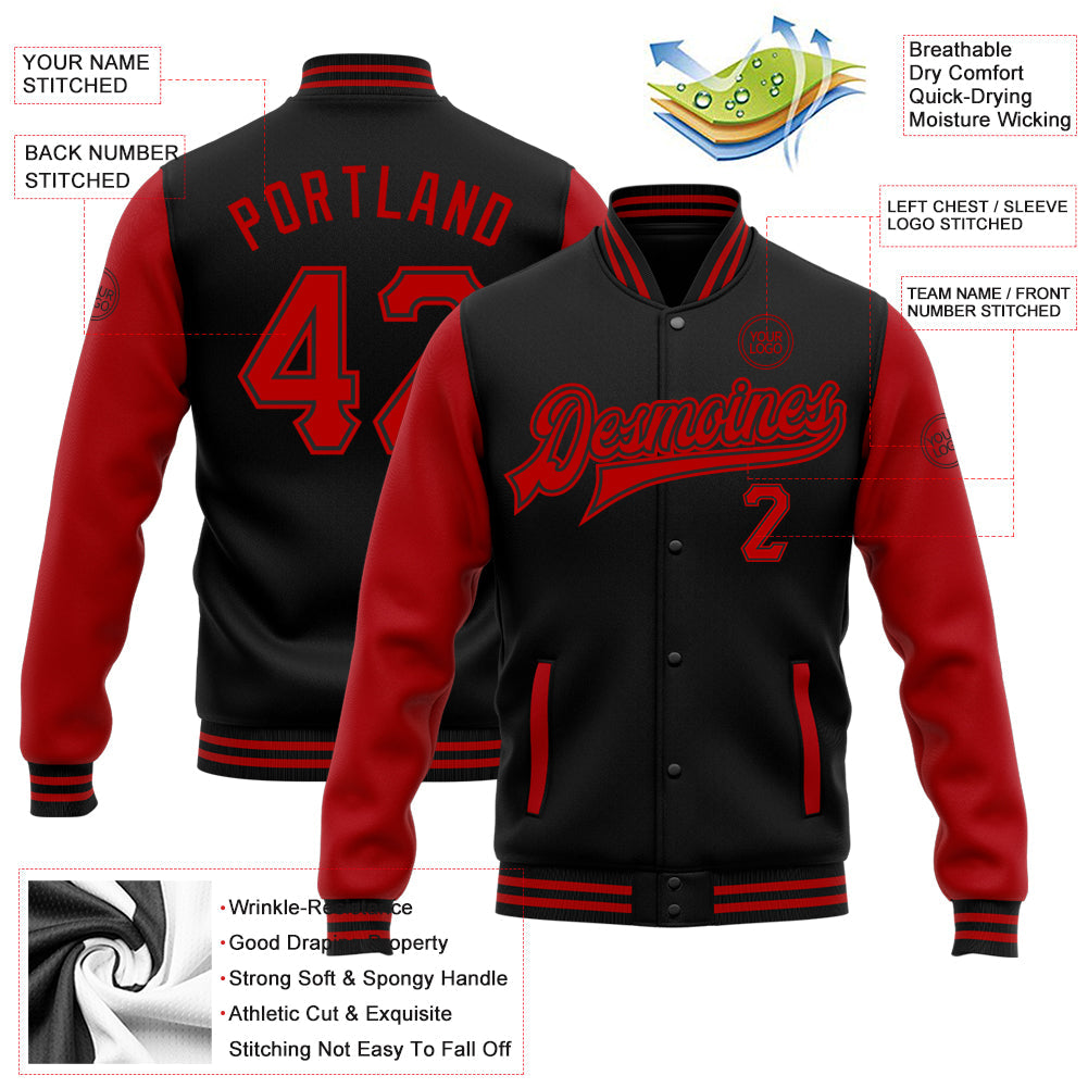 Custom Black Red Bomber Full-Snap Varsity Letterman Two Tone Jacket view 5