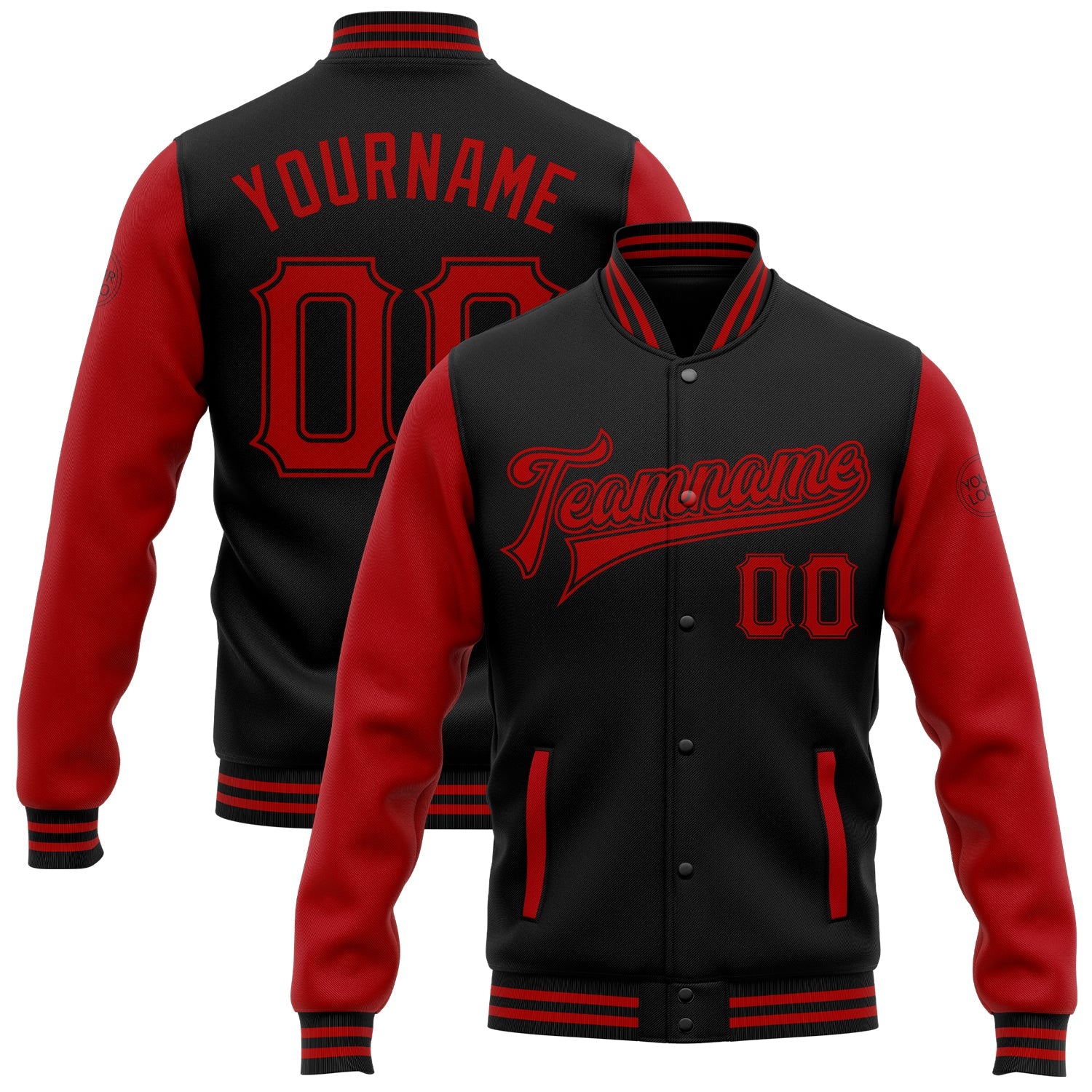 Custom Black Red Bomber Full-Snap Varsity Letterman Two Tone Jacket - Main View