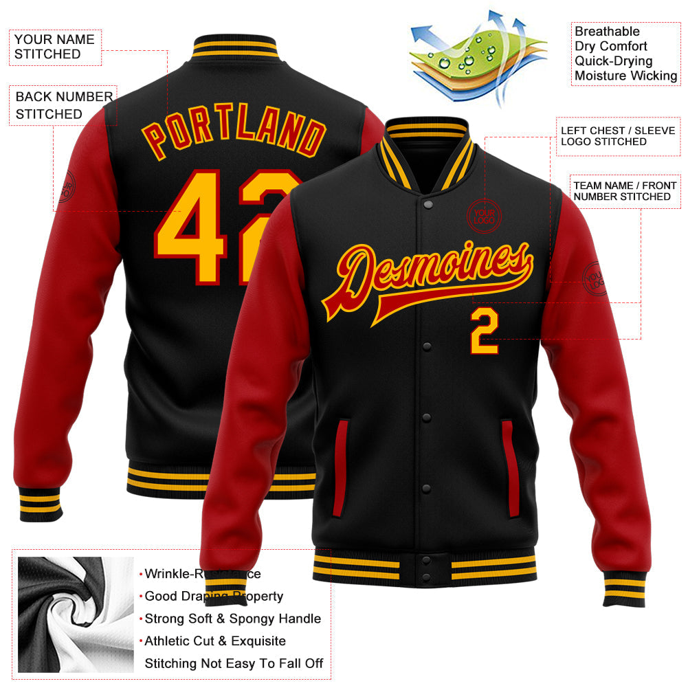 Custom Black Gold-Red Bomber Full-Snap Varsity Letterman Two Tone Jacket view 5