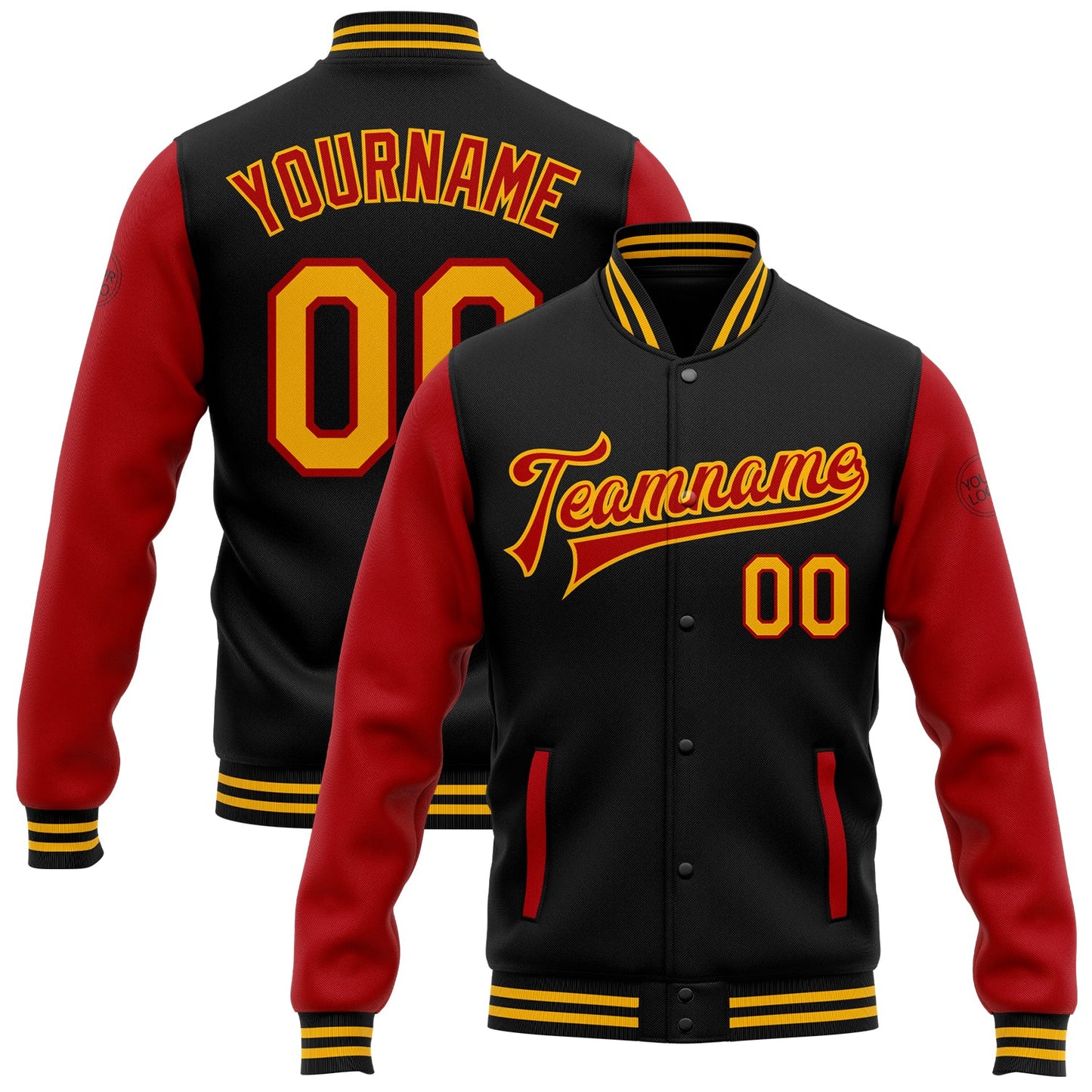 Custom Black Gold-Red Bomber Full-Snap Varsity Letterman Two Tone Jacket - Main View