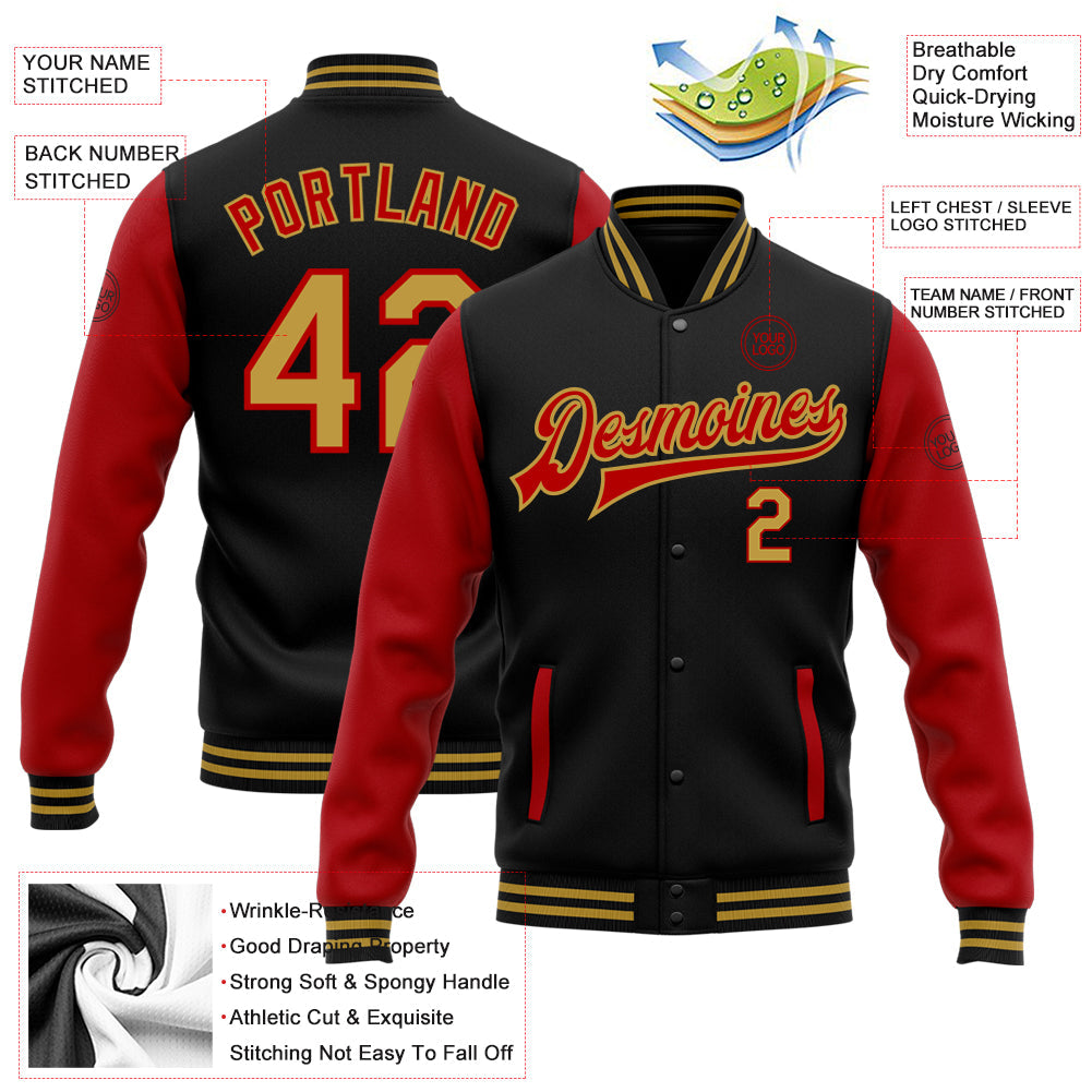 Custom Black Old Gold-Red Bomber Full-Snap Varsity Letterman Two Tone Jacket view 5