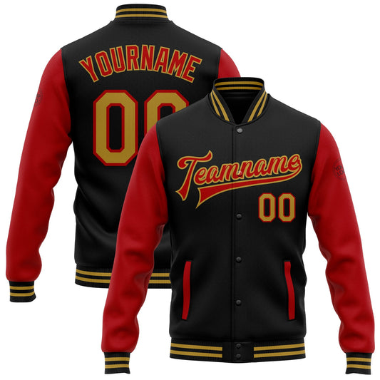 Custom Black Old Gold-Red Bomber Full-Snap Varsity Letterman Two Tone Jacket - Main View