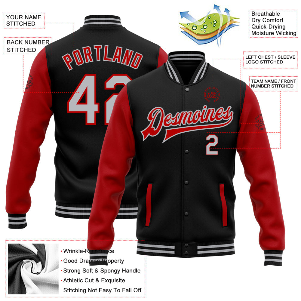 Custom Black Gray-Red Bomber Full-Snap Varsity Letterman Two Tone Jacket view 5
