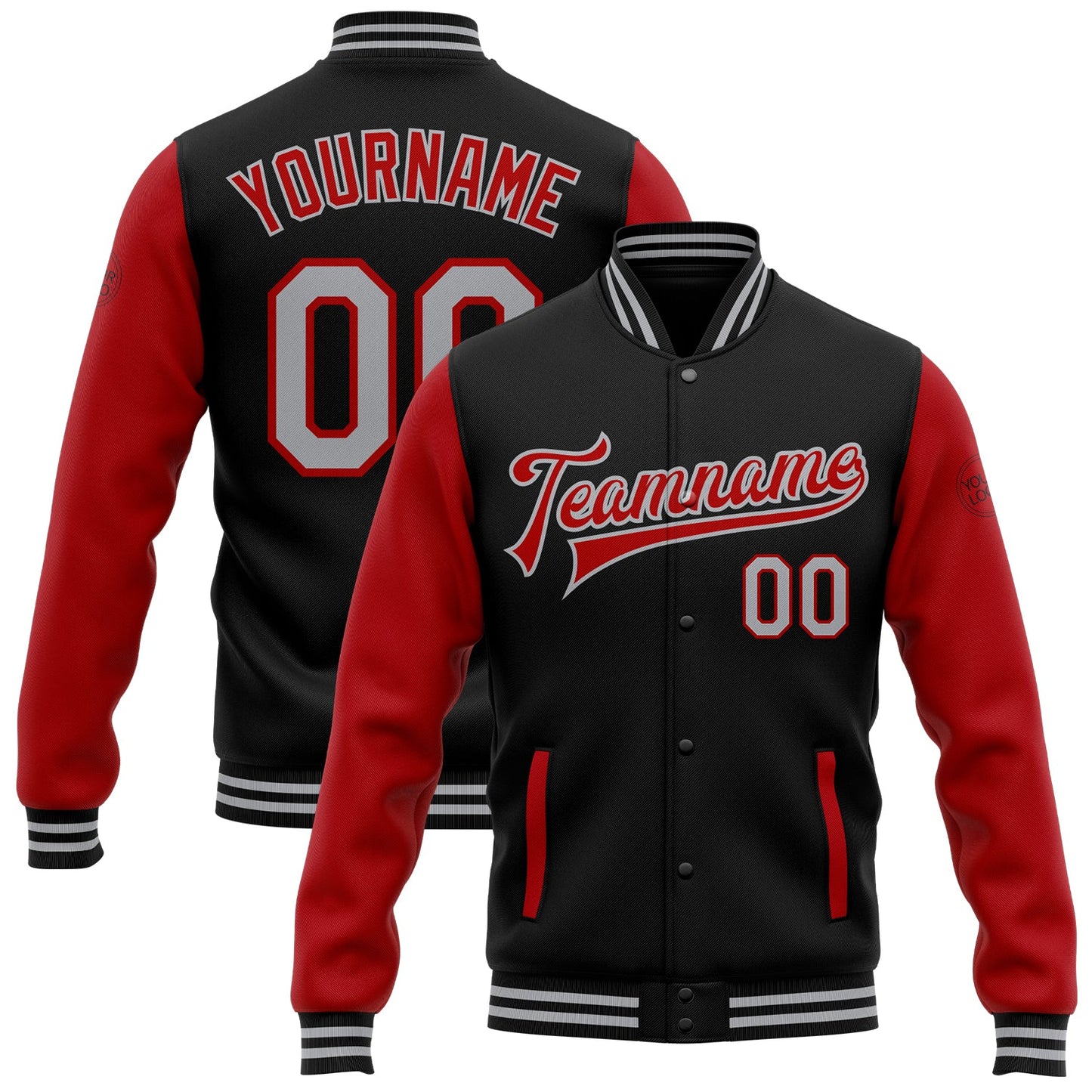 Custom Black Gray-Red Bomber Full-Snap Varsity Letterman Two Tone Jacket - Main View