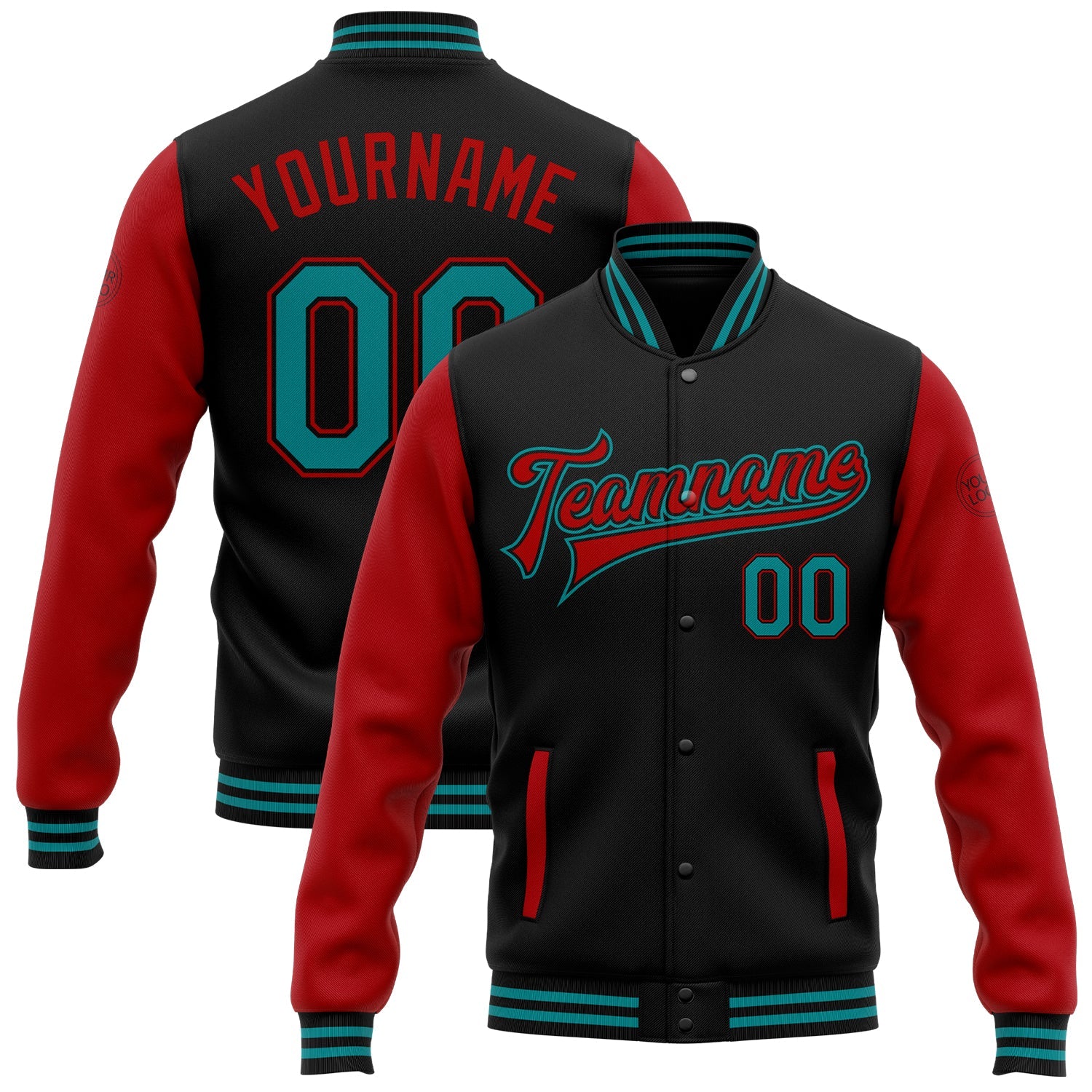 Custom Black Teal-Red Bomber Full-Snap Varsity Letterman Two Tone Jacket - Main View