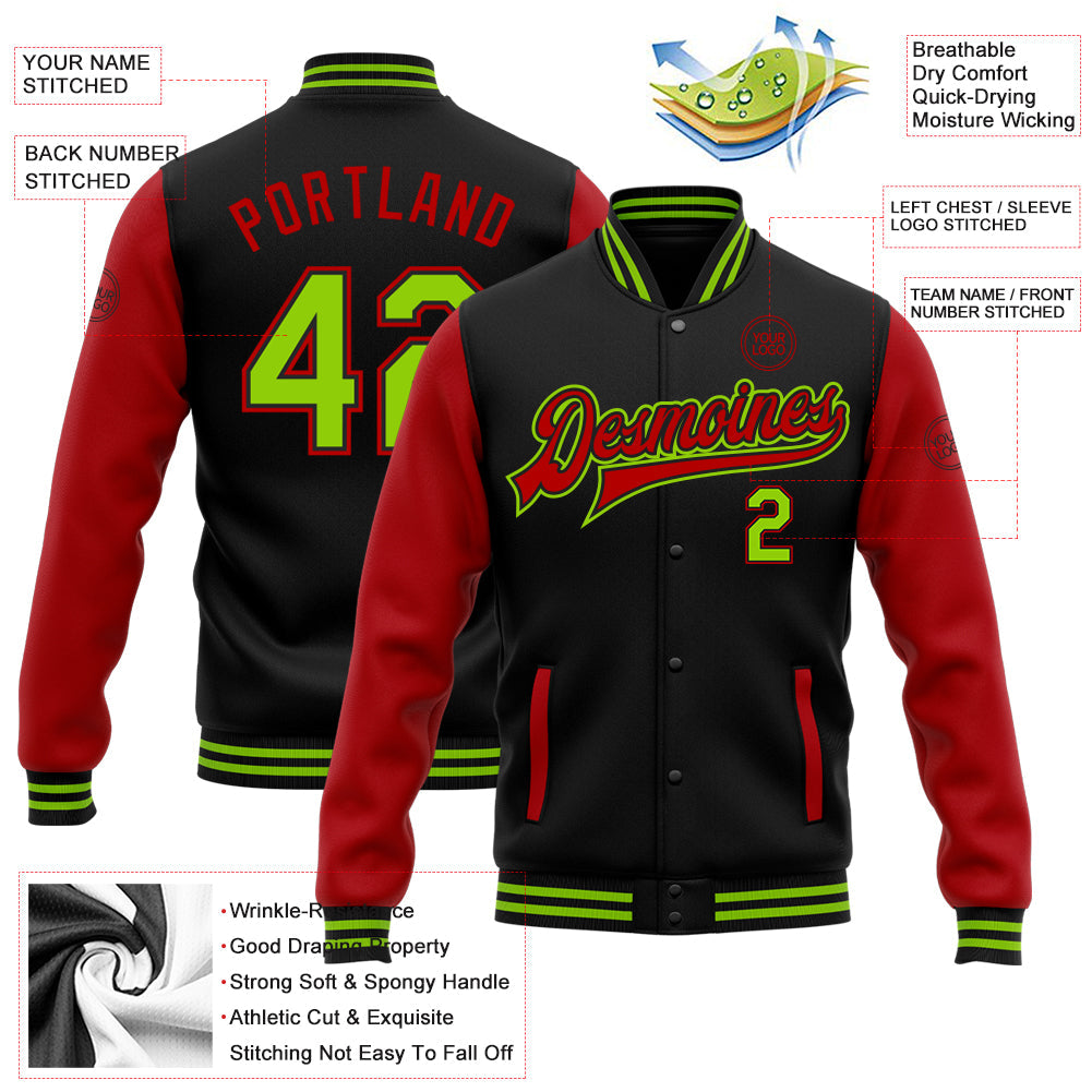 Custom Black Neon Green-Red Bomber Full-Snap Varsity Letterman Two Tone Jacket view 5