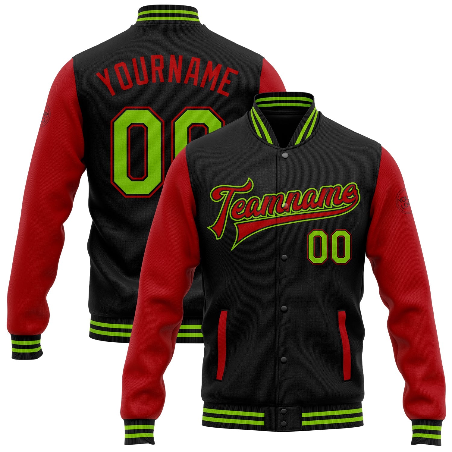 Custom Black Neon Green-Red Bomber Full-Snap Varsity Letterman Two Tone Jacket - Main View
