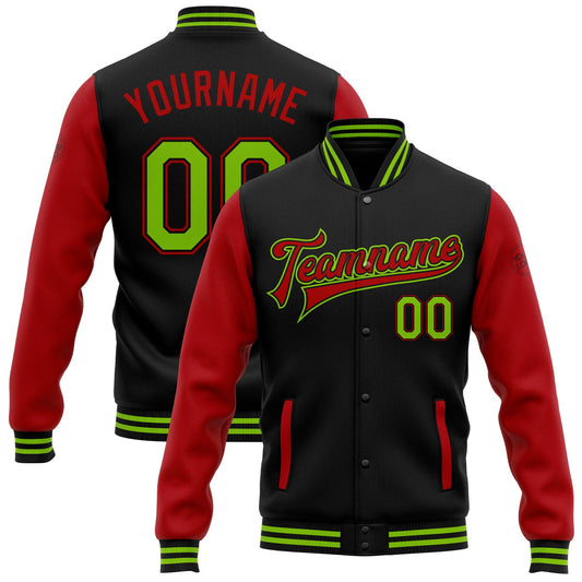 Custom Black Neon Green-Red Bomber Full-Snap Varsity Letterman Two Tone Jacket - Main View
