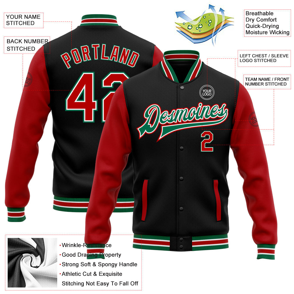 Custom Black Red-Kelly Green Bomber Full-Snap Varsity Letterman Two Tone Jacket view 5