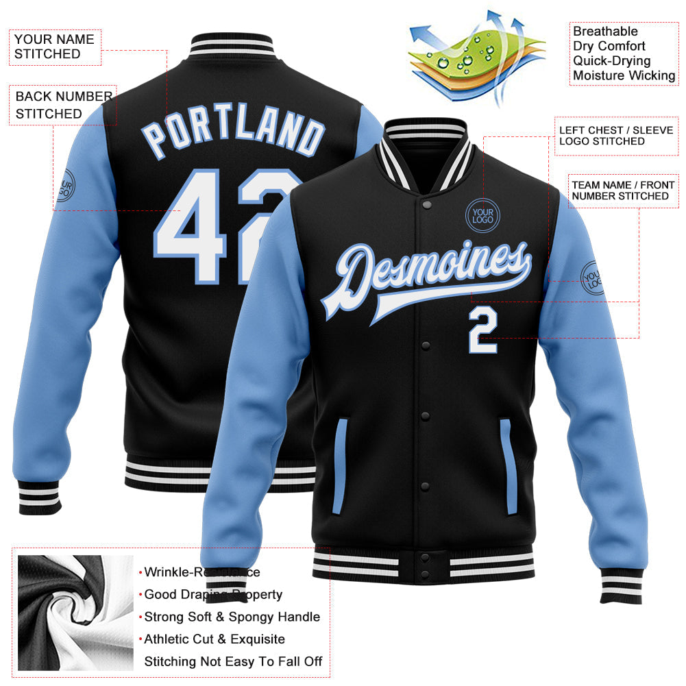 Custom Black White-Light Blue Bomber Full-Snap Varsity Letterman Two Tone Jacket view 5