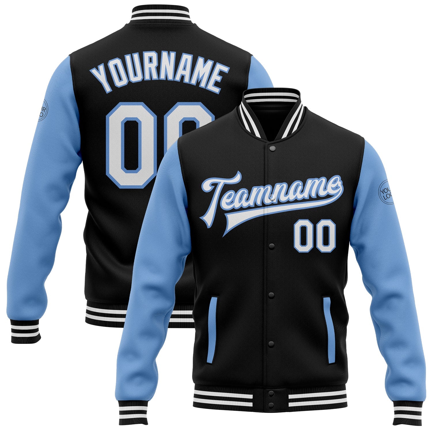 Custom Black White-Light Blue Bomber Full-Snap Varsity Letterman Two Tone Jacket - Main View