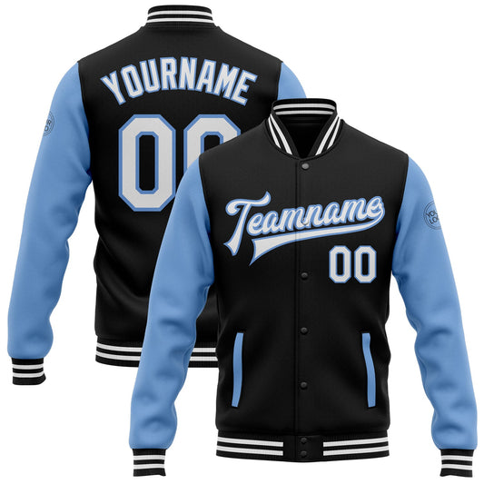 Custom Black White-Light Blue Bomber Full-Snap Varsity Letterman Two Tone Jacket - Main View