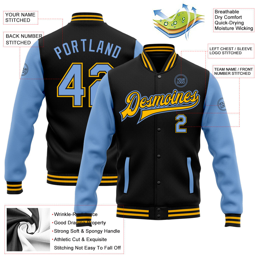 Custom Black Light Blue-Gold Bomber Full-Snap Varsity Letterman Two Tone Jacket view 5