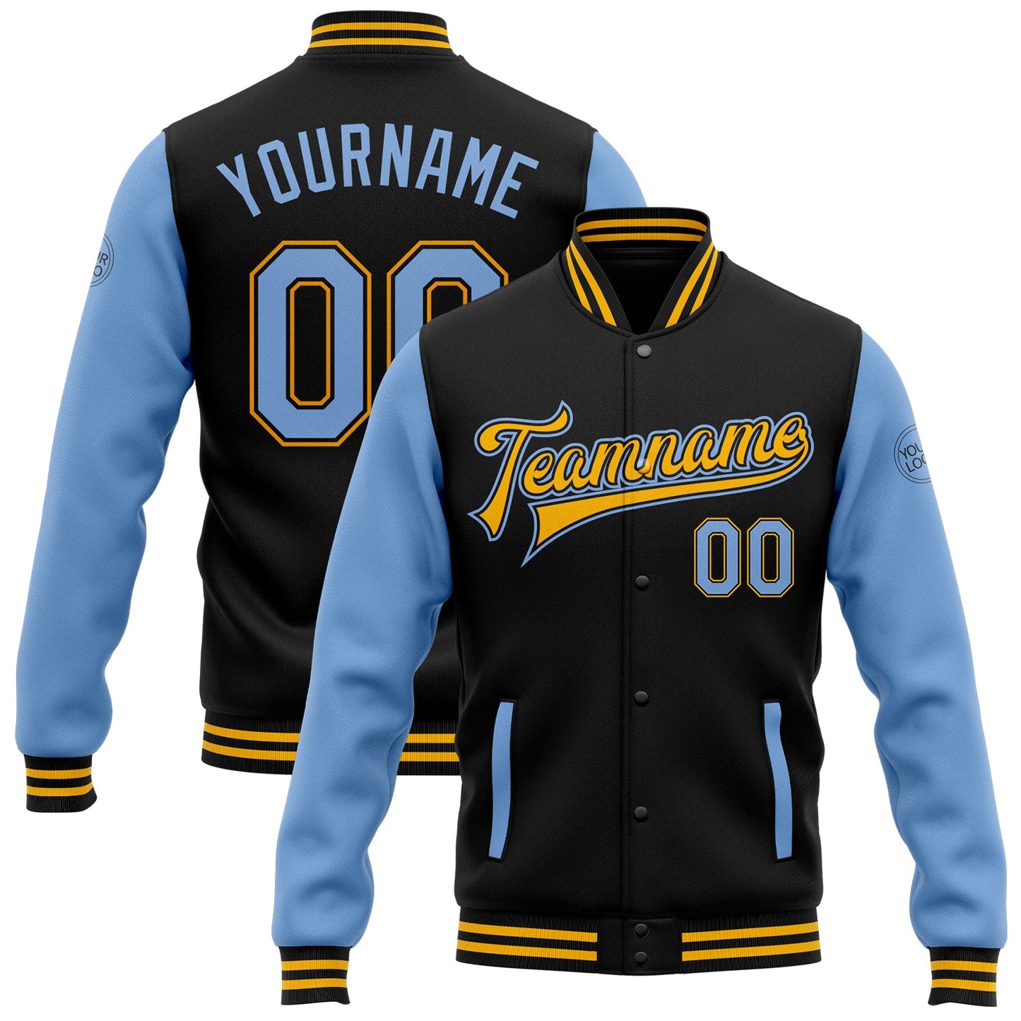Custom Black Light Blue-Gold Bomber Full-Snap Varsity Letterman Two Tone Jacket - Main View