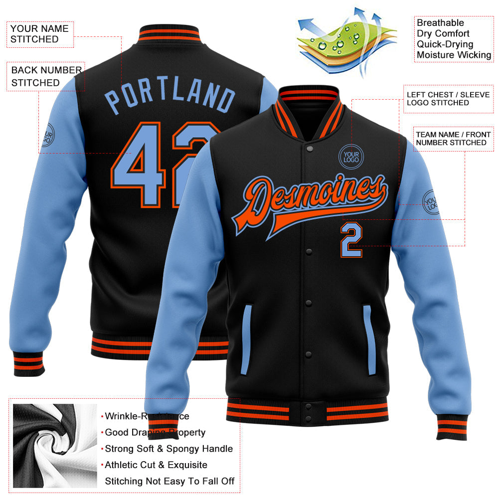 Custom Black Light Blue-Orange Bomber Full-Snap Varsity Letterman Two Tone Jacket view 5