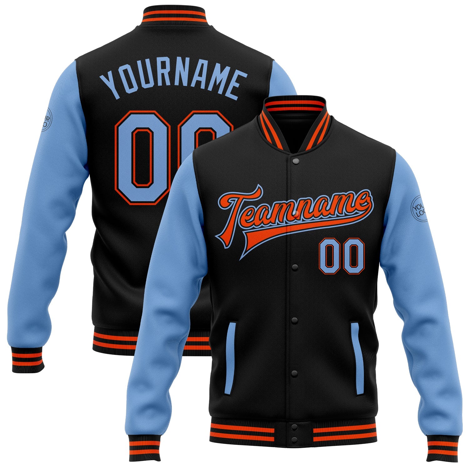 Custom Black Light Blue-Orange Bomber Full-Snap Varsity Letterman Two Tone Jacket - Main View