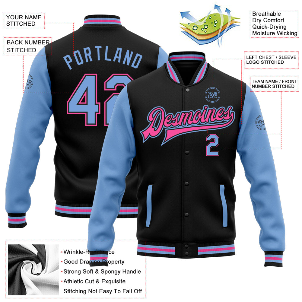 Custom Black Light Blue-Pink Bomber Full-Snap Varsity Letterman Two Tone Jacket view 5
