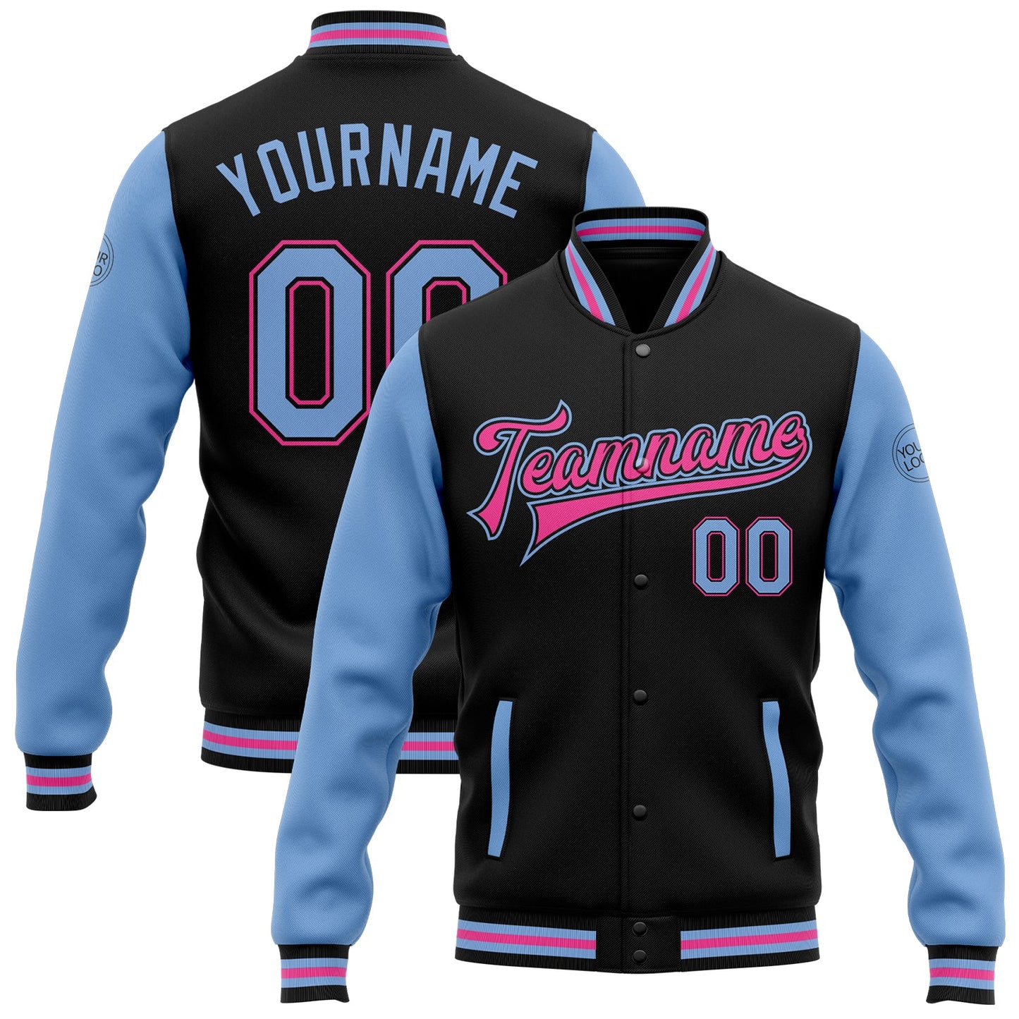 Custom Black Light Blue-Pink Bomber Full-Snap Varsity Letterman Two Tone Jacket - Main View