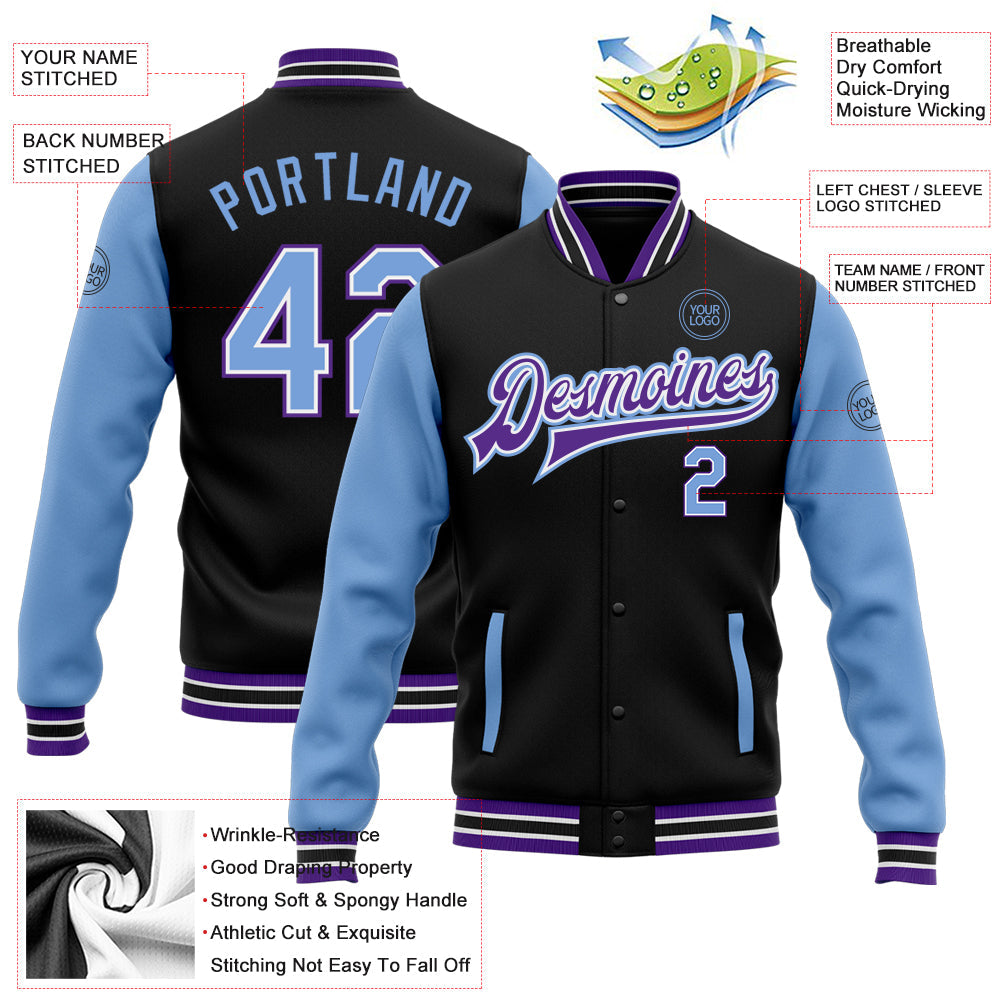 Custom Black Light Blue-Purple Bomber Full-Snap Varsity Letterman Two Tone Jacket view 5