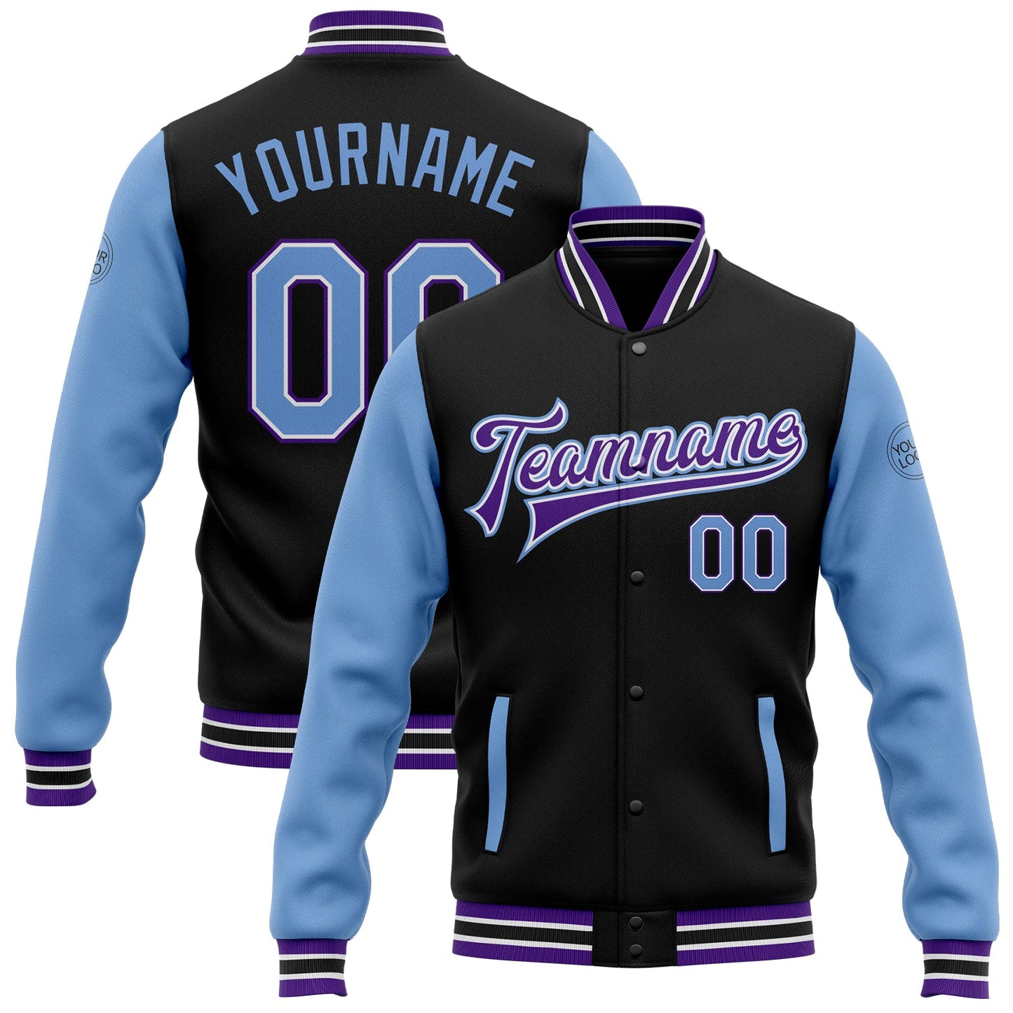 Custom Black Light Blue-Purple Bomber Full-Snap Varsity Letterman Two Tone Jacket - Main View