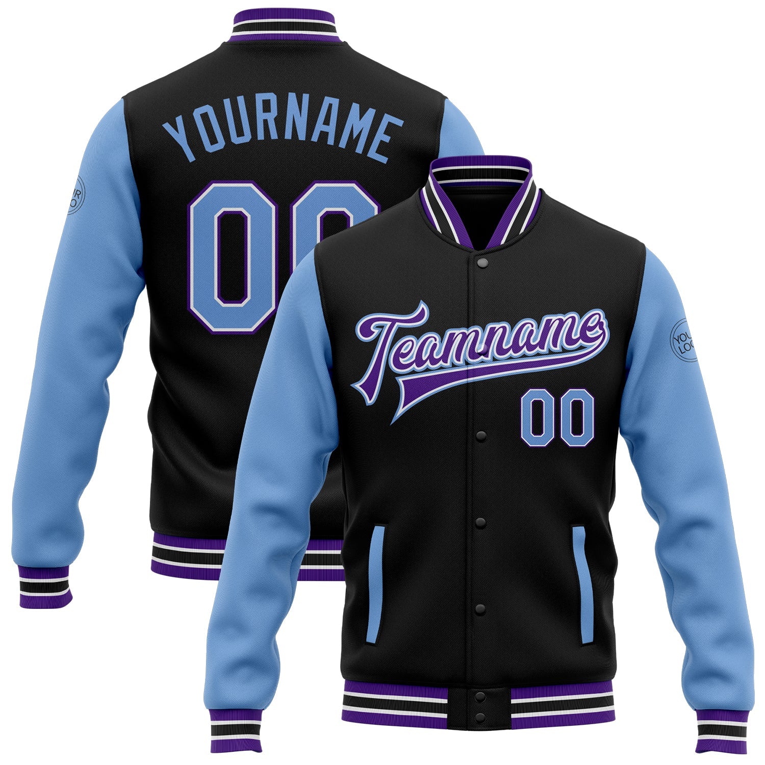 Custom Black Light Blue-Purple Bomber Full-Snap Varsity Letterman Two Tone Jacket - Main View