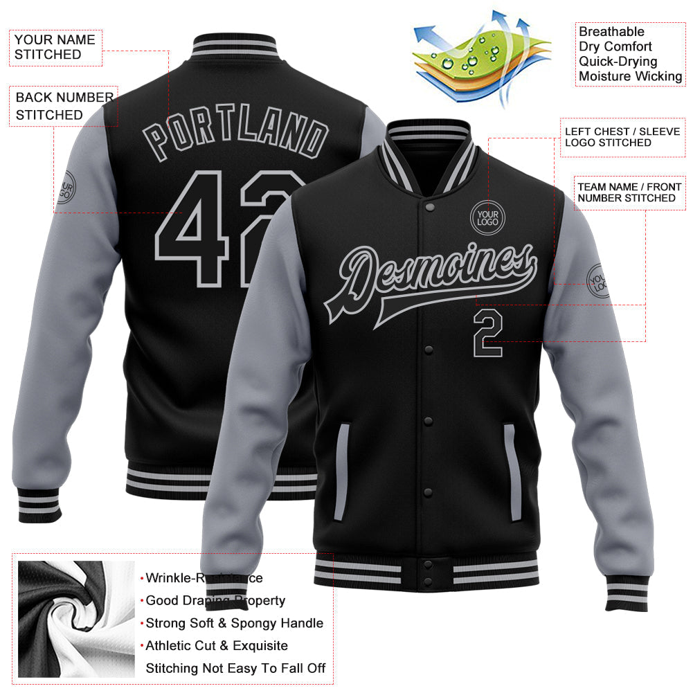 Custom Black Gray Bomber Full-Snap Varsity Letterman Two Tone Jacket view 5