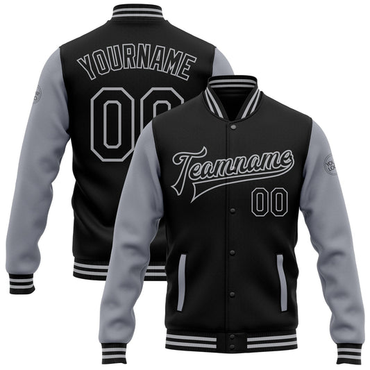 Custom Black Gray Bomber Full-Snap Varsity Letterman Two Tone Jacket - Main View
