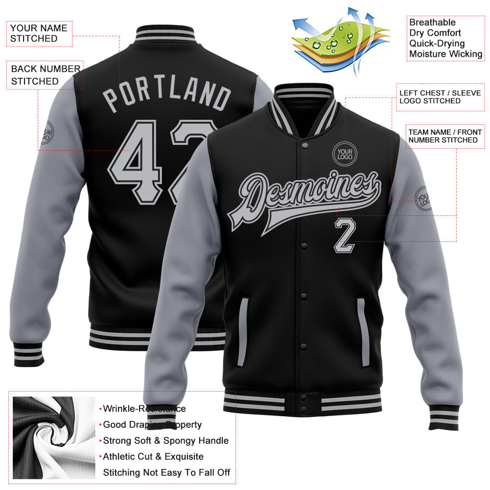 Custom Black Gray Bomber Full-Snap Varsity Letterman Two Tone Jacket view 5