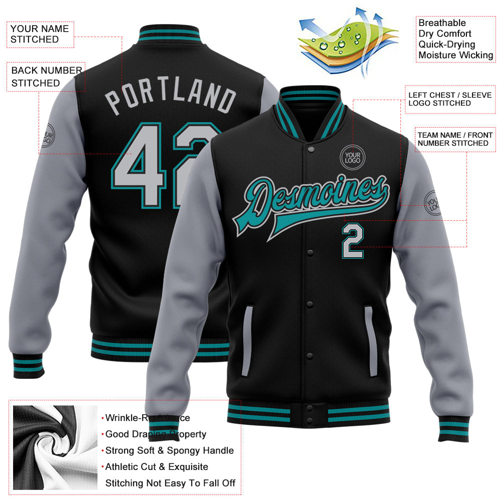 Custom Black Gray-Teal Bomber Full-Snap Varsity Letterman Two Tone Jacket view 5