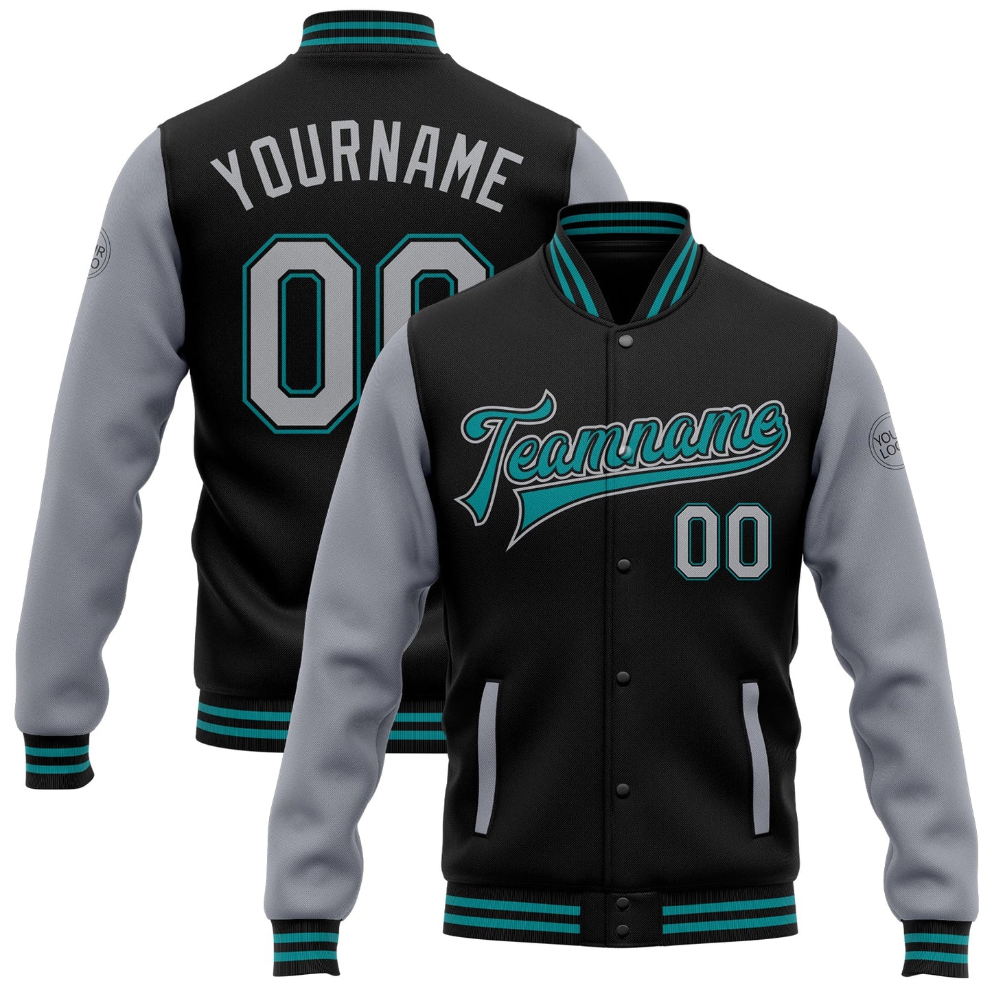 Custom Black Gray-Teal Bomber Full-Snap Varsity Letterman Two Tone Jacket - Main View