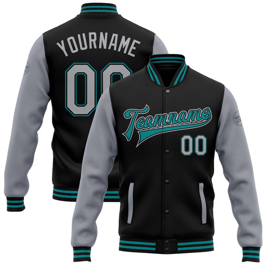 Custom Black Gray-Teal Bomber Full-Snap Varsity Letterman Two Tone Jacket - Main View